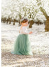 Ivory Lace Sage Green Tulle Floor Length Flower Girl Dress